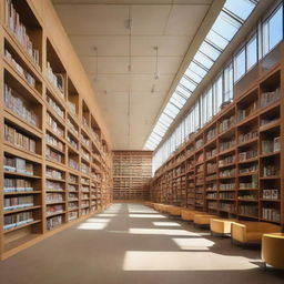 A large school library building featuring tall bookshelves filled with educational resources. It boasts windows for natural light and cozy study spaces.