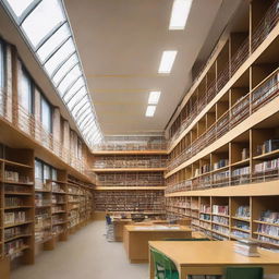 A large school library building featuring tall bookshelves filled with educational resources. It boasts windows for natural light and cozy study spaces.