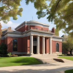 An exterior view of a standard library building showcasing its classic architecture, entrance doors and some surrounding landscape.