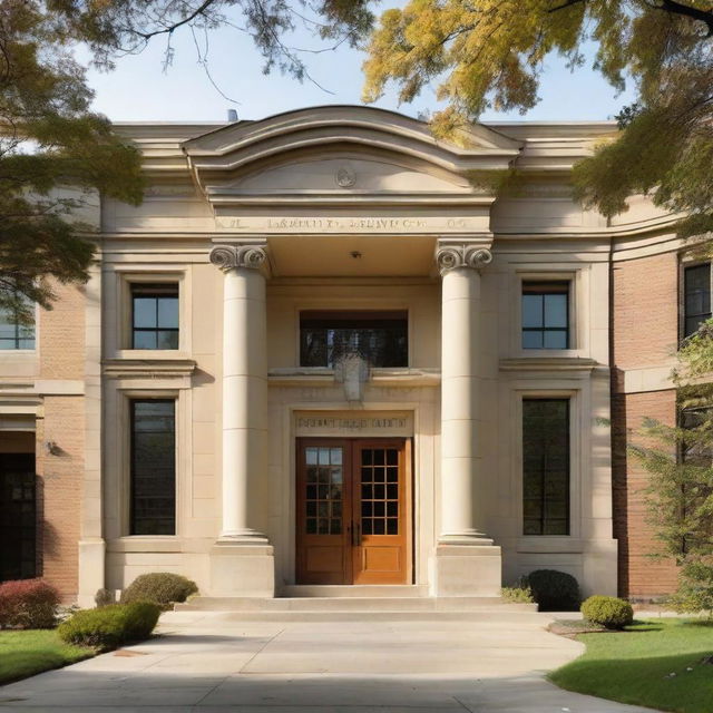 An exterior view of a standard library building showcasing its classic architecture, entrance doors and some surrounding landscape.