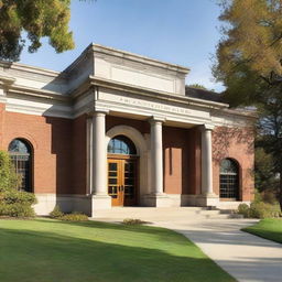 An exterior view of a standard library building showcasing its classic architecture, entrance doors and some surrounding landscape.