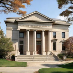 An exterior view of a standard library building showcasing its classic architecture, entrance doors and some surrounding landscape.