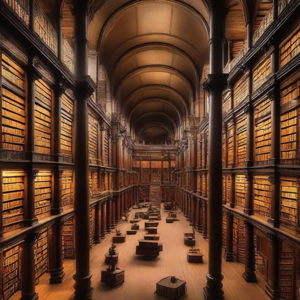 A colossal library housing 50 million books, filled with endless rows of bookshelves, tall ladders reaching to the high ceiling, and whisper-quiet reading areas