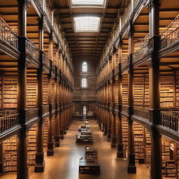 A colossal library housing 50 million books, filled with endless rows of bookshelves, tall ladders reaching to the high ceiling, and whisper-quiet reading areas