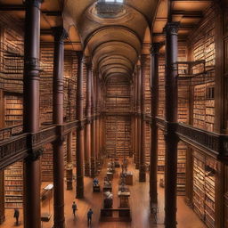 A colossal library housing 50 million books, filled with endless rows of bookshelves, tall ladders reaching to the high ceiling, and whisper-quiet reading areas