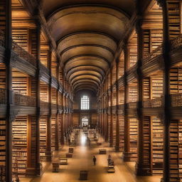 A colossal library housing 50 million books, filled with endless rows of bookshelves, tall ladders reaching to the high ceiling, and whisper-quiet reading areas