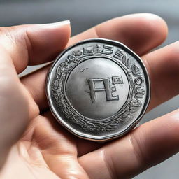 A close-up view of a hand delicately holding a shiny, detailed coin inscribed with 'ZOE TOKEN'.