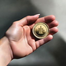 A close-up view of a hand delicately holding a shiny, detailed coin inscribed with 'ZOE TOKEN'.