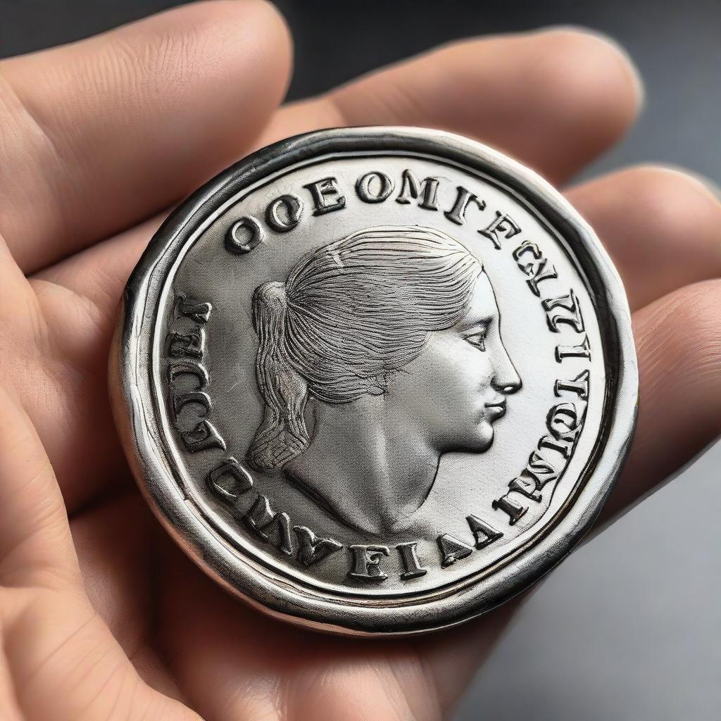 A close-up view of a hand delicately holding a shiny, detailed coin inscribed with 'ZOE TOKEN'.