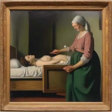 The painting depicted a woman in labor, holding onto the bedrail as the oxytocic drug took effect.