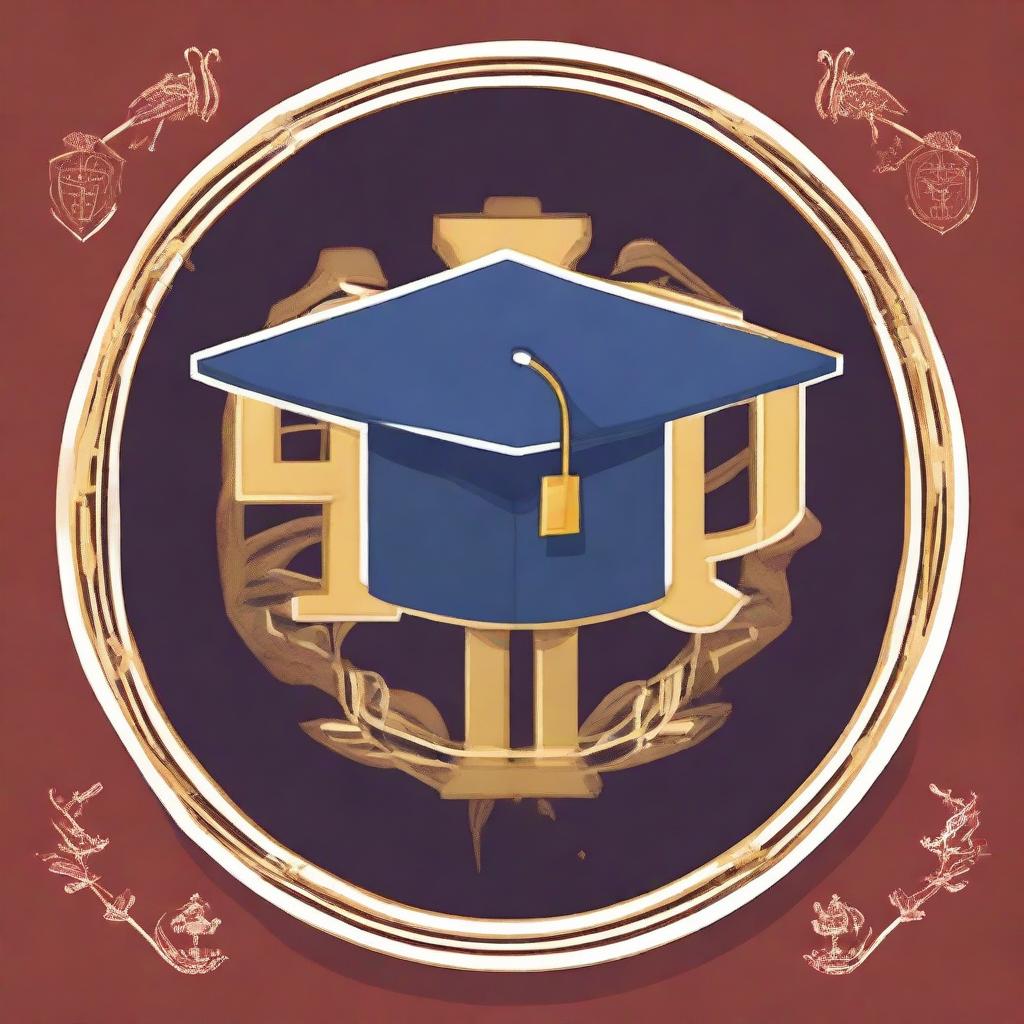 Create a Facebook profile picture showcasing a master's degree emblem, an academic cap, and various symbols of global success and achievements, symbolizing academic victory and global influence.