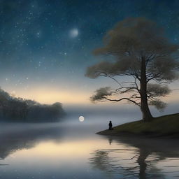 An atmospheric representation of 'Meaningful Silence'. Capture a tranquil night, under a vast starlit sky with a still body of water reflecting the celestial bodies, projecting a comforting silence that has a weight of meaning.