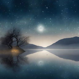 An atmospheric representation of 'Meaningful Silence'. Capture a tranquil night, under a vast starlit sky with a still body of water reflecting the celestial bodies, projecting a comforting silence that has a weight of meaning.