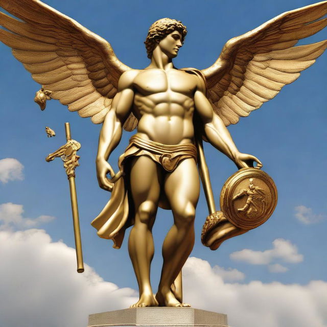 A majestic image of the Greek god Hermes, with golden wings on his sandals and helmet, holding his caduceus staff.