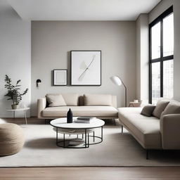 A contemporary minimalist living room with simple clean lines, neutral color palette, and functional yet stylish furniture.