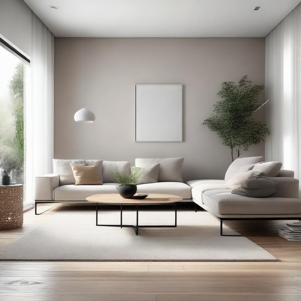 A contemporary minimalist living room with simple clean lines, neutral color palette, and functional yet stylish furniture.