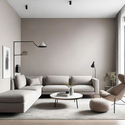 A contemporary minimalist living room with simple clean lines, neutral color palette, and functional yet stylish furniture.