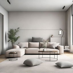 A contemporary minimalist living room with simple clean lines, neutral color palette, and functional yet stylish furniture.