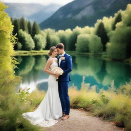 Elegant groom and bride standing in a picturesque setting replete with stunning natural beauty.