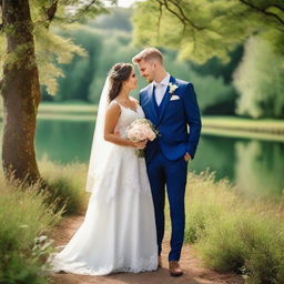 Elegant groom and bride standing in a picturesque setting replete with stunning natural beauty.