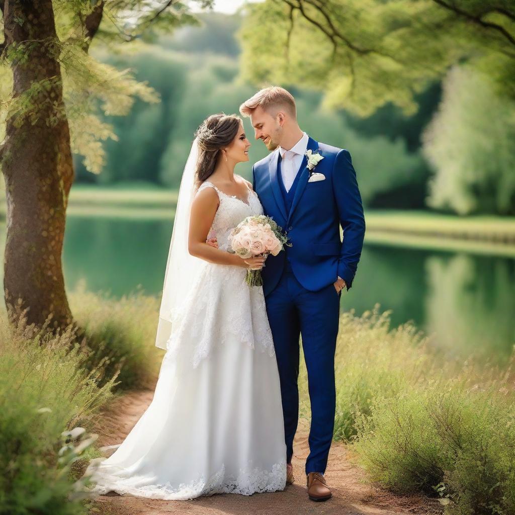 Elegant groom and bride standing in a picturesque setting replete with stunning natural beauty.