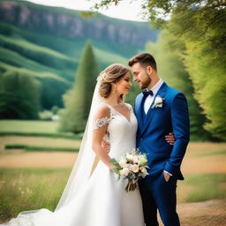 Elegant groom and bride standing in a picturesque setting replete with stunning natural beauty.