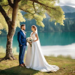 Elegant groom and bride standing in a picturesque setting replete with stunning natural beauty.