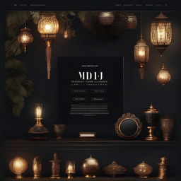 A landscape website banner, predominantly dark tones, embellished with maximalist-themed accents. It features a plethora of elegant lights and design accessories.