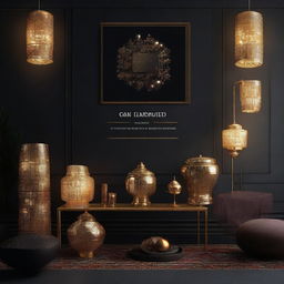 A landscape website banner, predominantly dark tones, embellished with maximalist-themed accents. It features a plethora of elegant lights and design accessories.