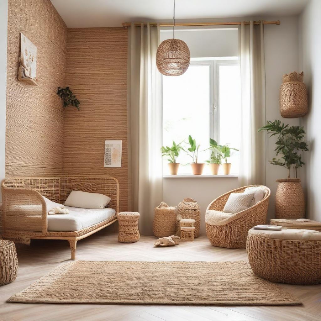 A toddler's room concept using rattan furniture and decor, complemented by natural tones and elements for a serene, child-friendly environment.