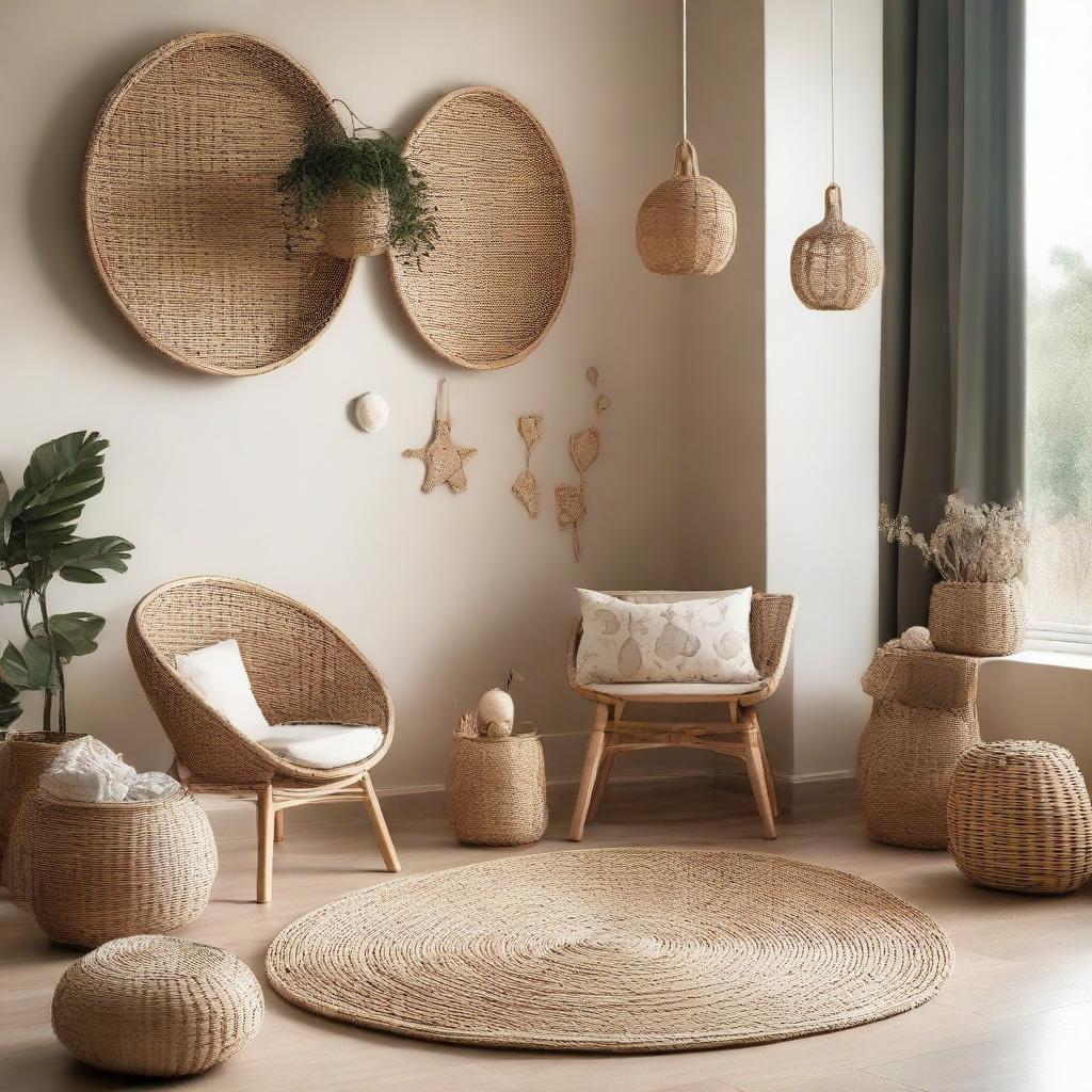 A toddler's room concept using rattan furniture and decor, complemented by natural tones and elements for a serene, child-friendly environment.