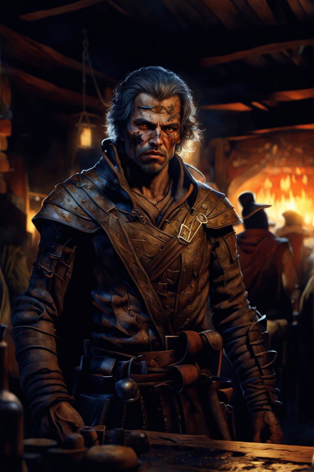 This intricate ultra HD digital art piece features a battle-scarred bandit, holding a sword, standing in a mysterious tavern filled with patrons