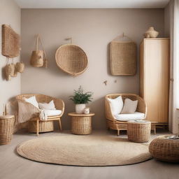 A toddler's room concept using rattan furniture and decor, complemented by natural tones and elements for a serene, child-friendly environment.