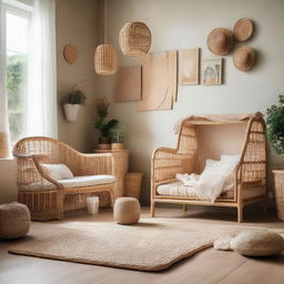 A toddler's room concept using rattan furniture and decor, complemented by natural tones and elements for a serene, child-friendly environment.