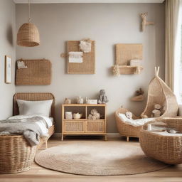 A toddler's bedroom design, featuring rattan furniture complemented by natural tones and elements, creating a comforting, child-friendly space.