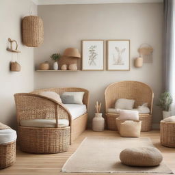 A toddler's bedroom design, featuring rattan furniture complemented by natural tones and elements, creating a comforting, child-friendly space.