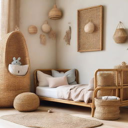 A toddler's bedroom design, featuring rattan furniture complemented by natural tones and elements, creating a comforting, child-friendly space.