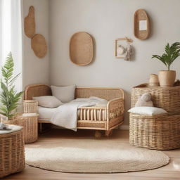 A toddler's bedroom design, featuring rattan furniture complemented by natural tones and elements, creating a comforting, child-friendly space.