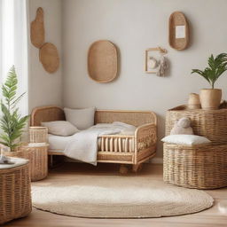 A toddler's bedroom design, featuring rattan furniture complemented by natural tones and elements, creating a comforting, child-friendly space.