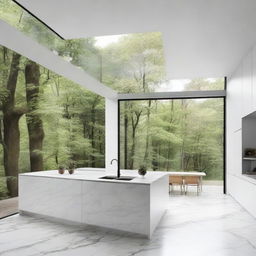 Generate a modern house interior with a dominant white theme, marble countertops, large windows looking out on a forest, and stylish, minimalistic furniture.