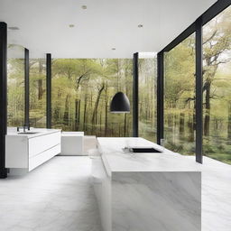 Generate a modern house interior with a dominant white theme, marble countertops, large windows looking out on a forest, and stylish, minimalistic furniture.