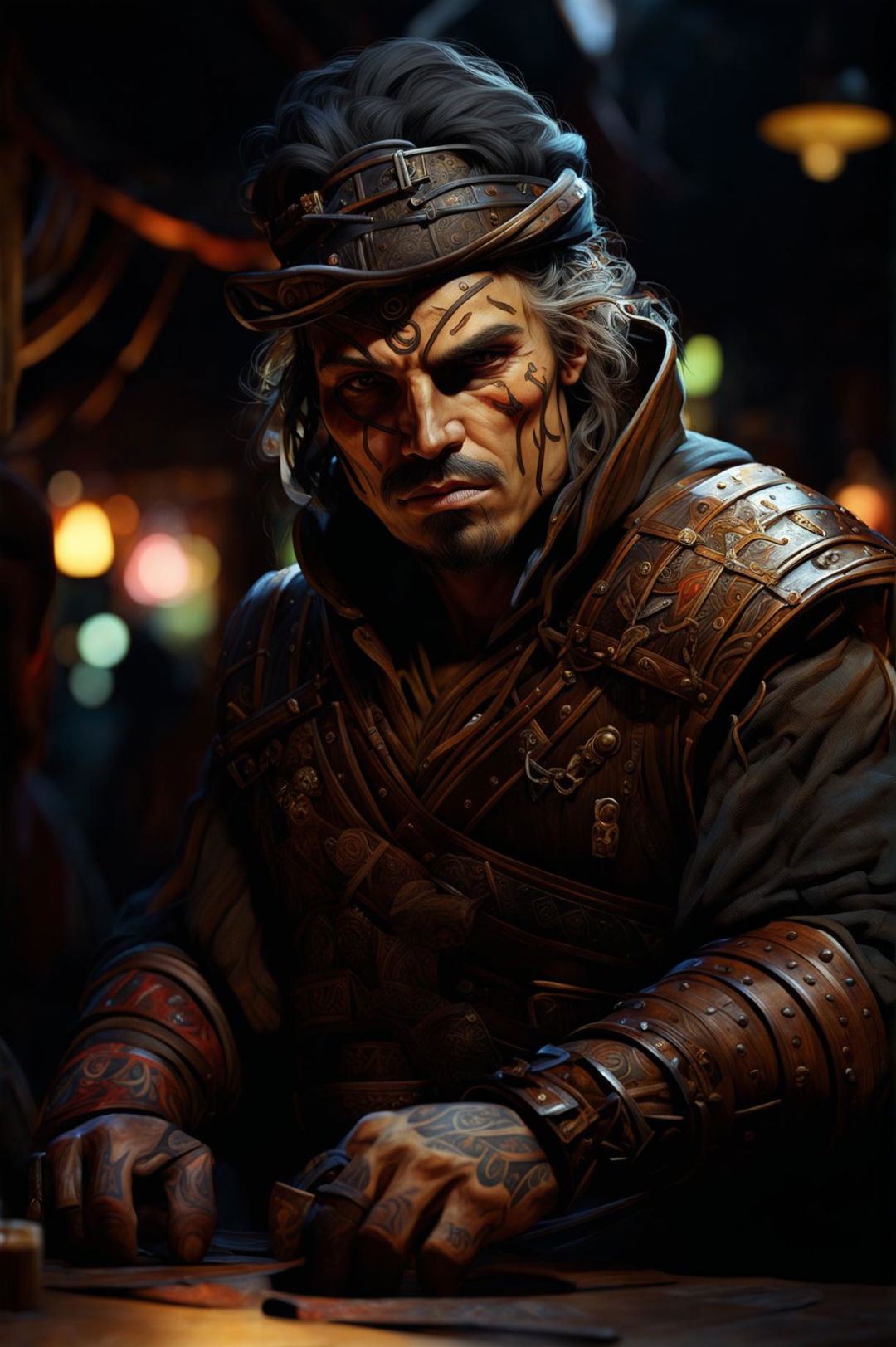 In this revised, ultra HD digital art image, the battle-scarred bandit now wields a curved blade and has intricate facial tattoos