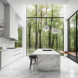 Generate a modern house interior with a dominant white theme, marble countertops, large windows looking out on a forest, and stylish, minimalistic furniture.