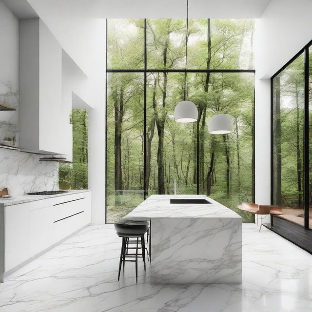 Generate a modern house interior with a dominant white theme, marble countertops, large windows looking out on a forest, and stylish, minimalistic furniture.