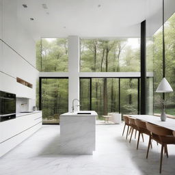 Generate a modern house interior with a dominant white theme, marble countertops, large windows looking out on a forest, and stylish, minimalistic furniture.