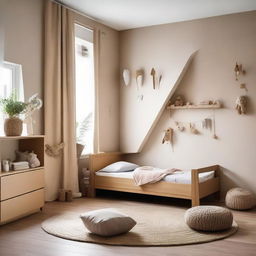 A contemporary toddler's bedroom concept using earthy tones, fostering a comforting, natural environment conducive to a child's development.