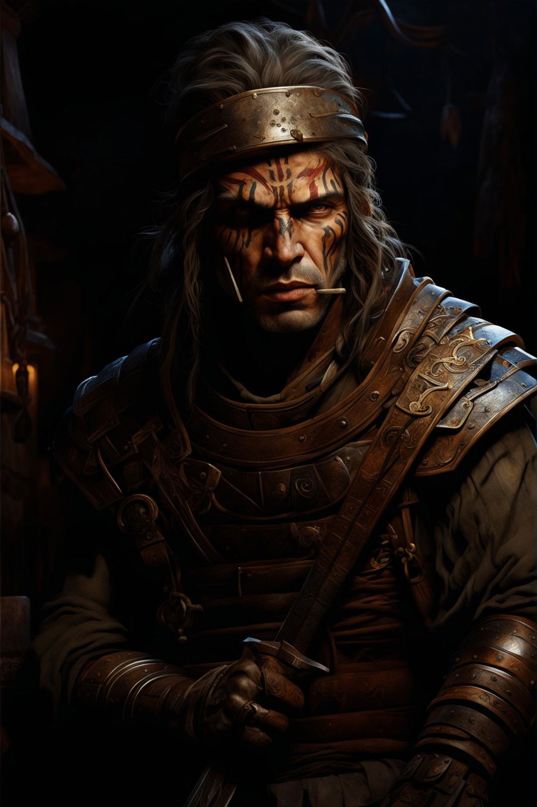 In this revised ultra HD digital art image, the battle-scarred bandit now wields an ancient sword and his face is tattooed with mysterious ancient markings