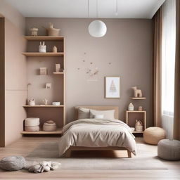 A contemporary toddler's bedroom concept using earthy tones, fostering a comforting, natural environment conducive to a child's development.