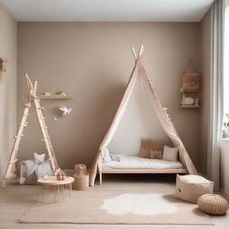 A contemporary toddler's bedroom concept using earthy tones, fostering a comforting, natural environment conducive to a child's development.