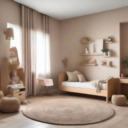 A contemporary toddler's bedroom concept using earthy tones, fostering a comforting, natural environment conducive to a child's development.